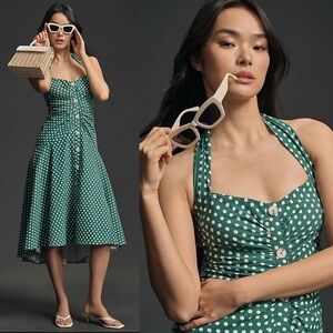 NWT Anthropologie Maeve Halter Ruched Midi Dress Green Polka Dot Sz 14 Petite
